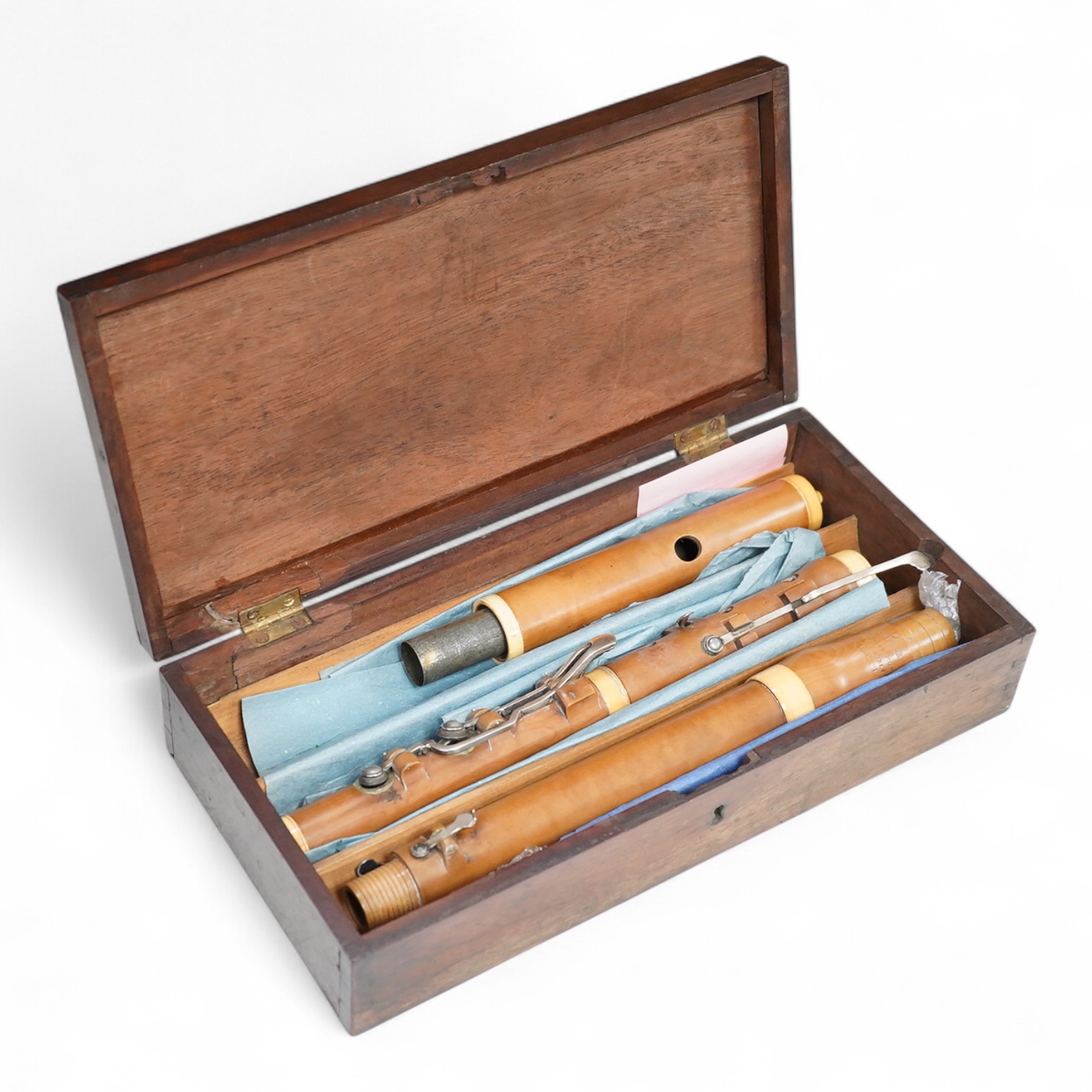 A 19th century boxwood and ivory flute by Potter, Johnson’s Court, Fleet Street, London, in a mahogany case, with early eight key system, ivory submission ref: RERLAL9Y